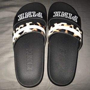 PINK Slides Medium Leopard and Black Double Strap